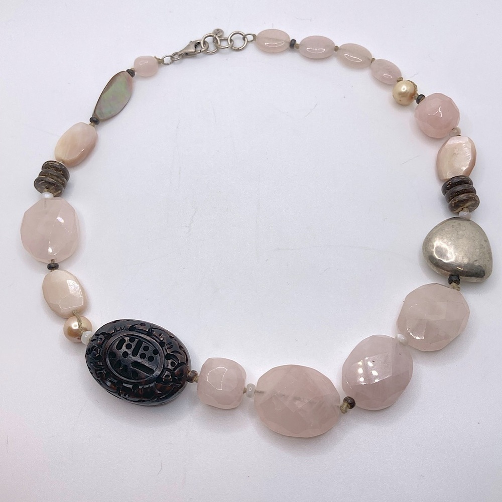 𝅺silpada Silver Pink Rose Quartz Palm Wood Silk Sterling Silver Necklace 18.5”